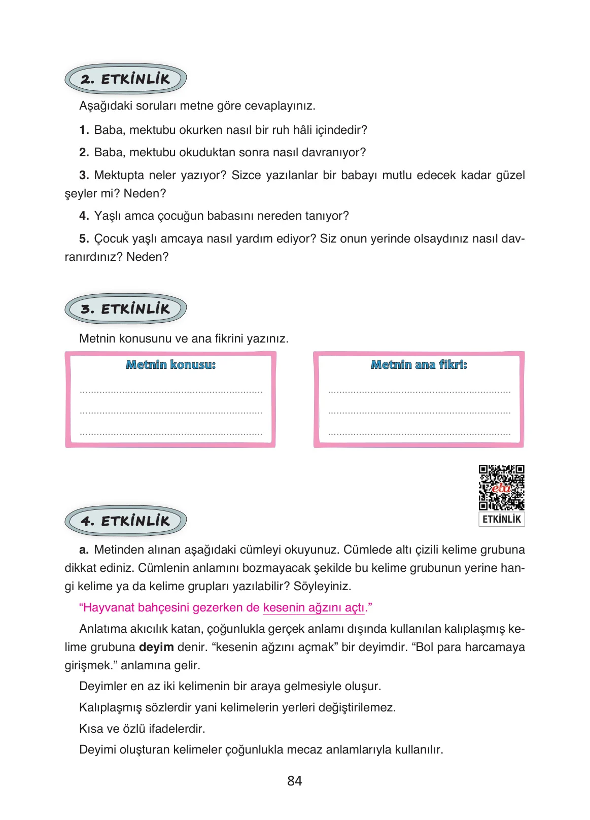 4. Sınıf Türkçe Ders Kitabı Cevapları Ada Yayınları Sayfa 84