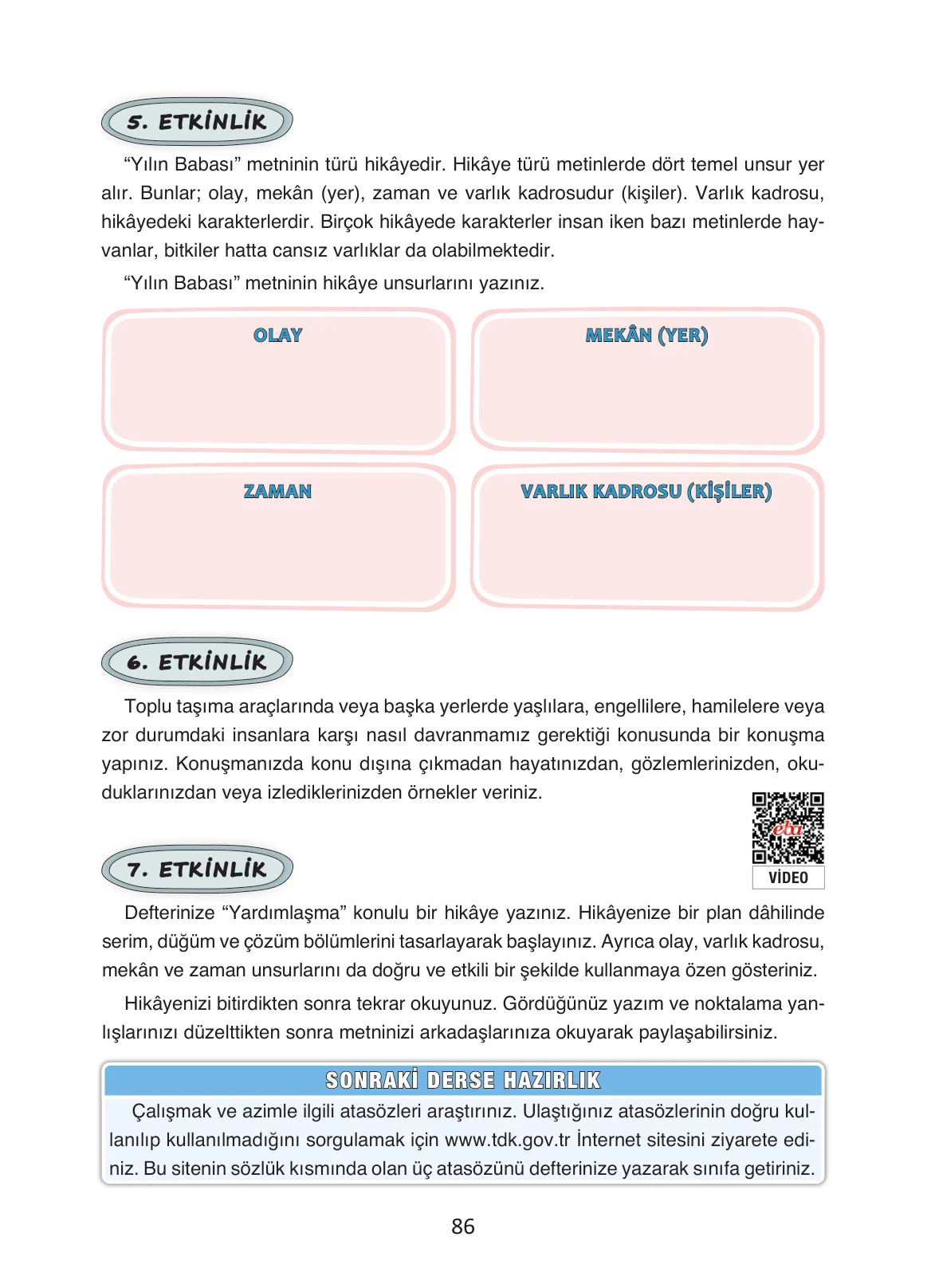 4. Sınıf Türkçe Ders Kitabı Cevapları Ada Yayınları Sayfa 86