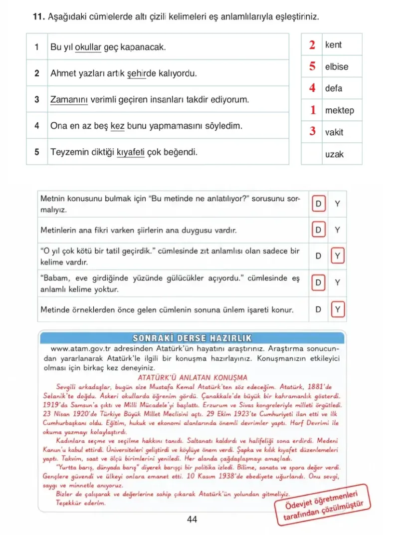 4. Sınıf Türkçe Ders Kitabı Cevapları Ada Yayınları Sayfa 44 Çözüm Görseli