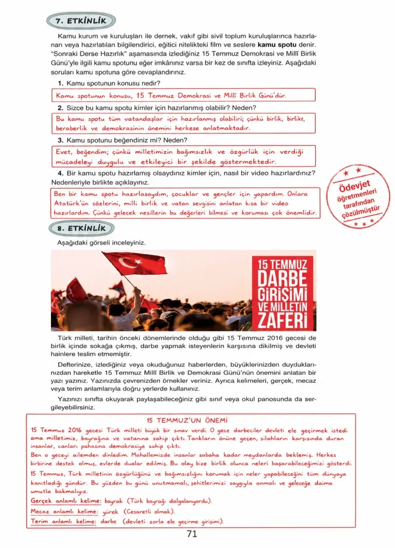 4. Sınıf Türkçe Ders Kitabı Cevapları Ada Yayınları Sayfa 71 Çözüm Görseli