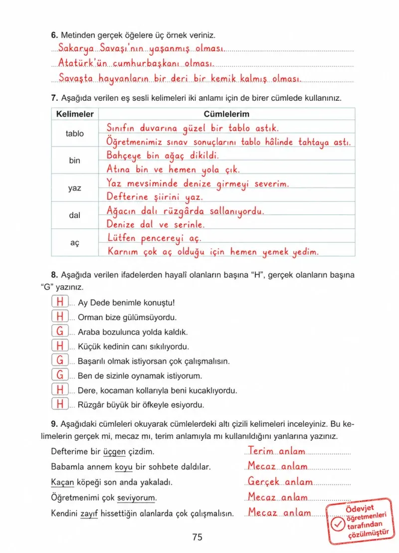 4. Sınıf Türkçe Ders Kitabı Cevapları Ada Yayınları Sayfa 75 Çözüm Görseli