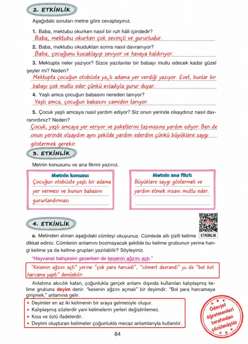 4. Sınıf Türkçe Ders Kitabı Cevapları Ada Yayınları Sayfa 84 Çözüm Görseli
