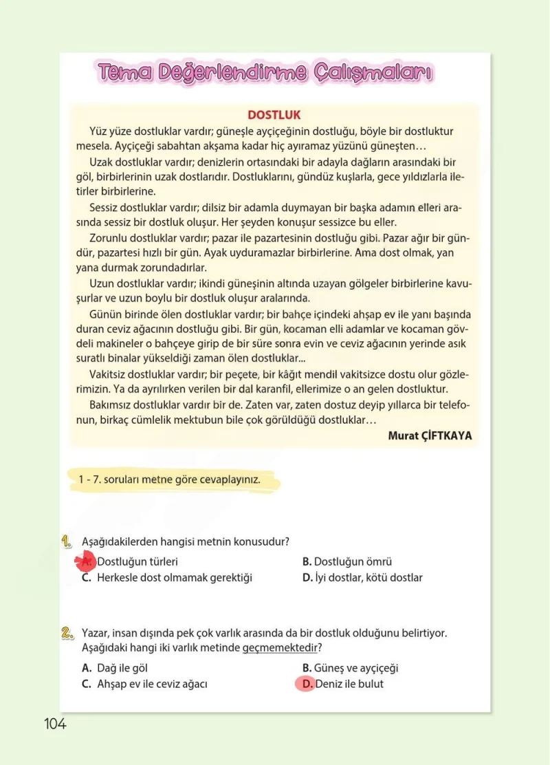 4. Sınıf Türkçe Ders Kitabı Cevapları Koza Yayınları Sayfa 104 Çözüm Görseli