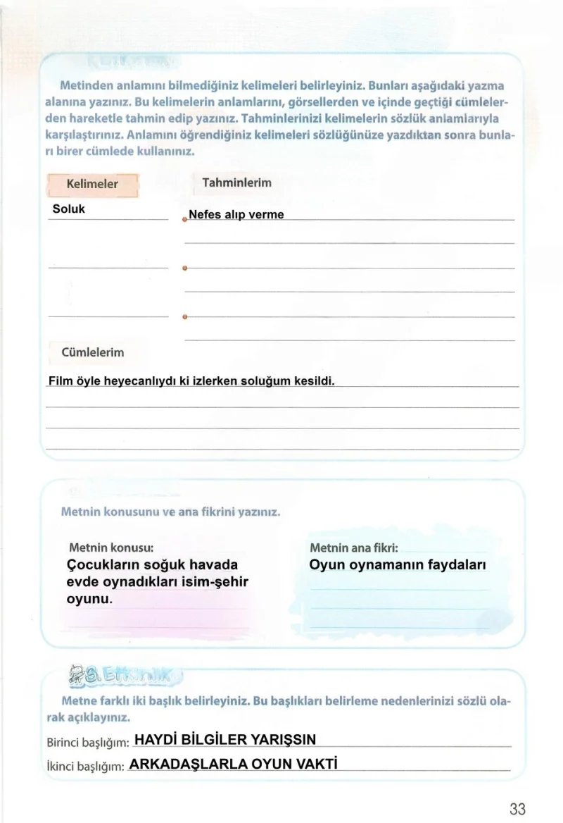 4. Sınıf Türkçe Ders Kitabı Cevapları Koza Yayınları Sayfa 33 Çözüm Görseli