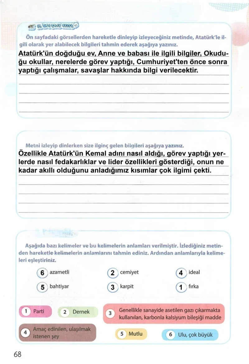 4. Sınıf Türkçe Ders Kitabı Cevapları Koza Yayınları Sayfa 68 Çözüm Görseli