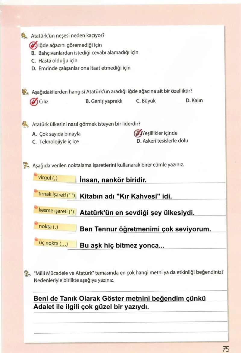 4. Sınıf Türkçe Ders Kitabı Cevapları Koza Yayınları Sayfa 75 Çözüm Görseli