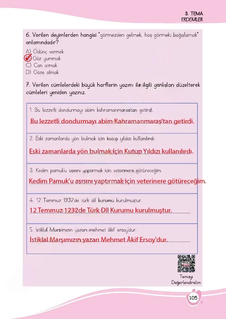 4. Sınıf Türkçe Ders Kitabı Cevapları Meb Yayınları 1 Sayfa 105 Çözüm Görseli