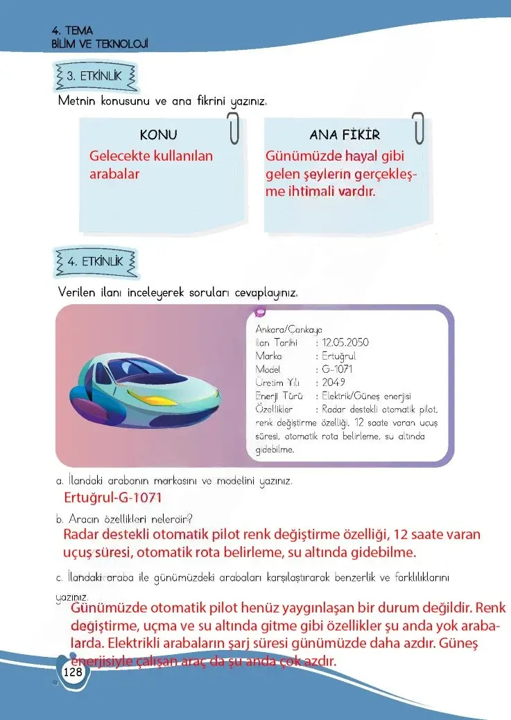 4. Sınıf Türkçe Ders Kitabı Cevapları Meb Yayınları 1 Sayfa 128 Çözüm Görseli