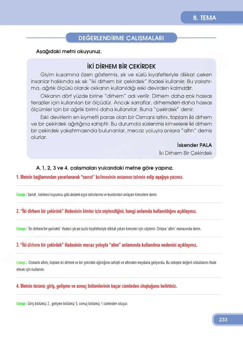 4. Sınıf Türkçe Ders Kitabı Cevapları Özgün Yayınları Sayfa 233 Çözüm Görseli