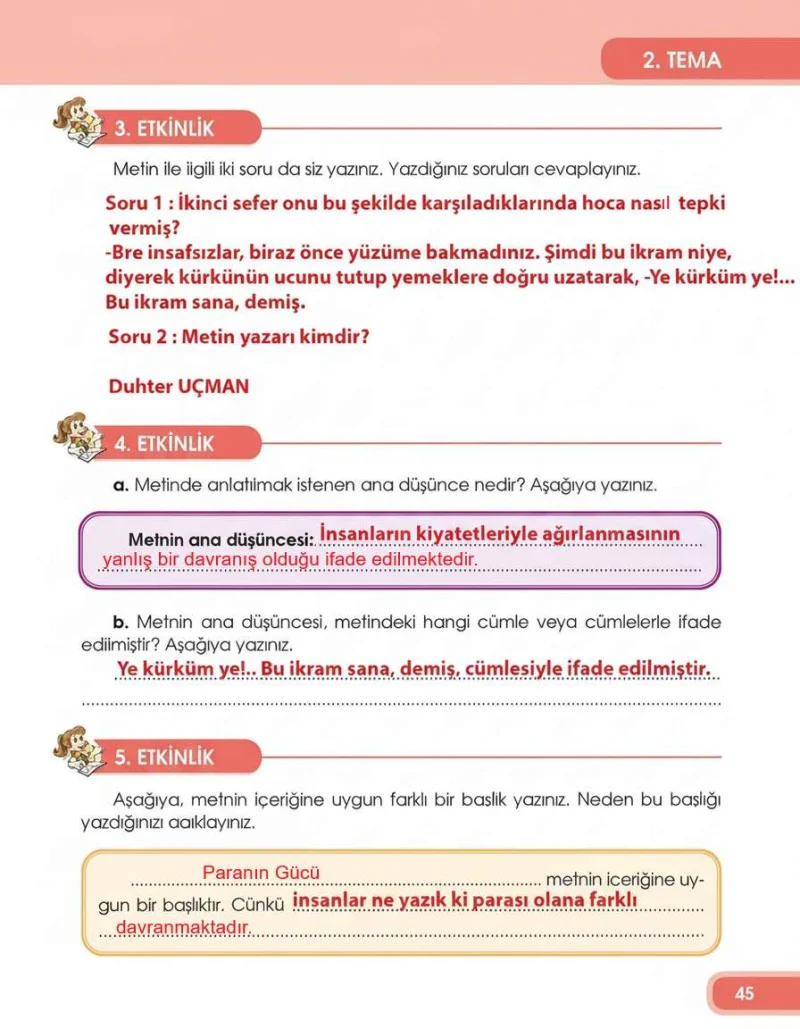 4. Sınıf Türkçe Ders Kitabı Cevapları Özgün Yayınları Sayfa 45 Çözüm Görseli