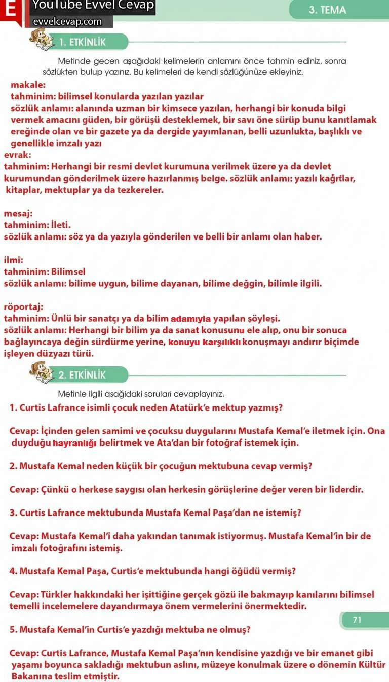 4. Sınıf Türkçe Ders Kitabı Cevapları Özgün Yayınları Sayfa 71 Çözüm Görseli