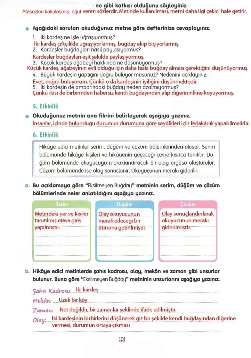 4. Sınıf Türkçe Ders Kitabı Cevapları Tuna Yayınları Sayfa 101 Çözüm Görseli