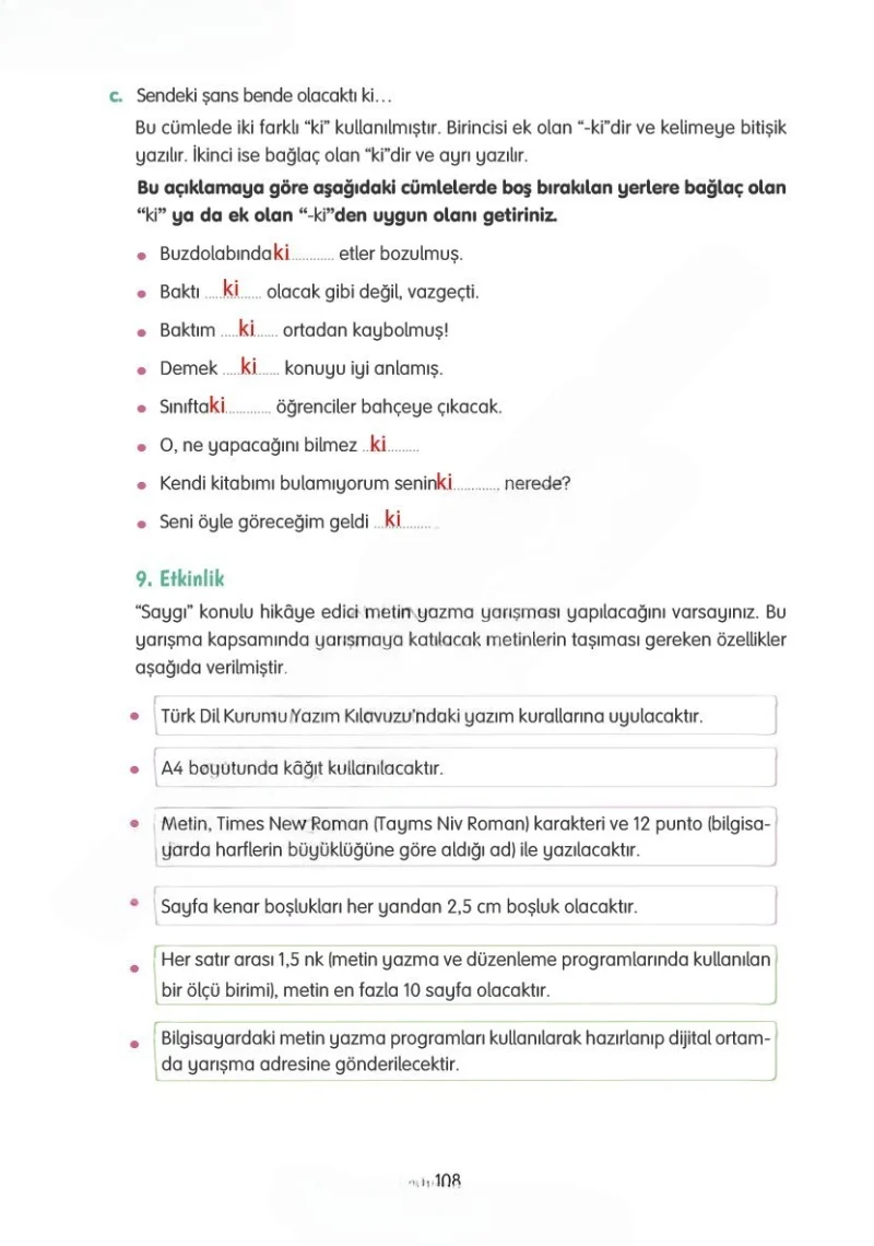 4. Sınıf Türkçe Ders Kitabı Cevapları Tuna Yayınları Sayfa 108 Çözüm Görseli