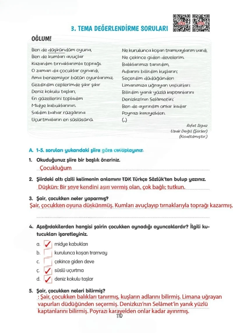4. Sınıf Türkçe Ders Kitabı Cevapları Tuna Yayınları Sayfa 110 Çözüm Görseli