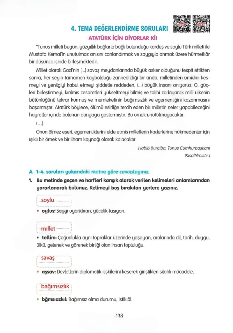 4. Sınıf Türkçe Ders Kitabı Cevapları Tuna Yayınları Sayfa 138 Çözüm Görseli