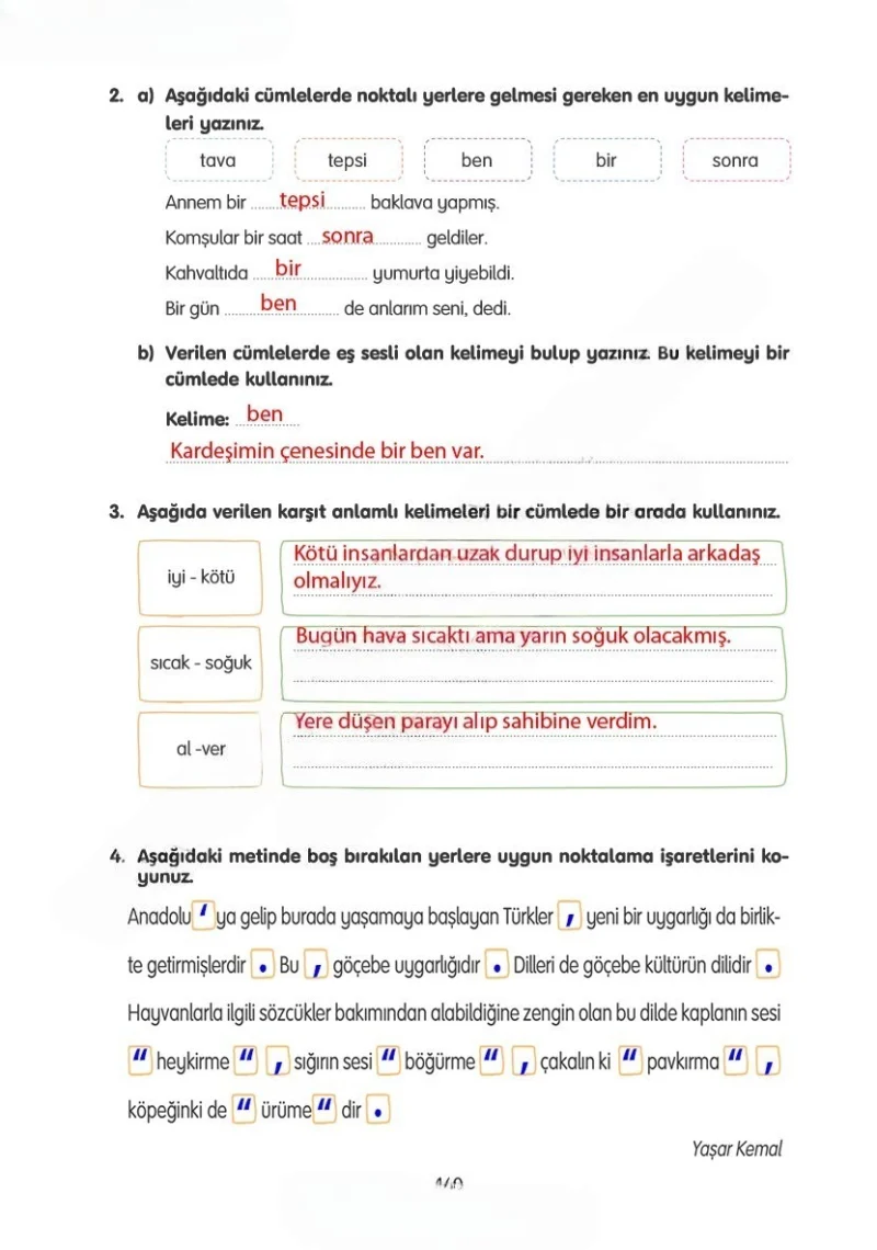 4. Sınıf Türkçe Ders Kitabı Cevapları Tuna Yayınları Sayfa 140 Çözüm Görseli