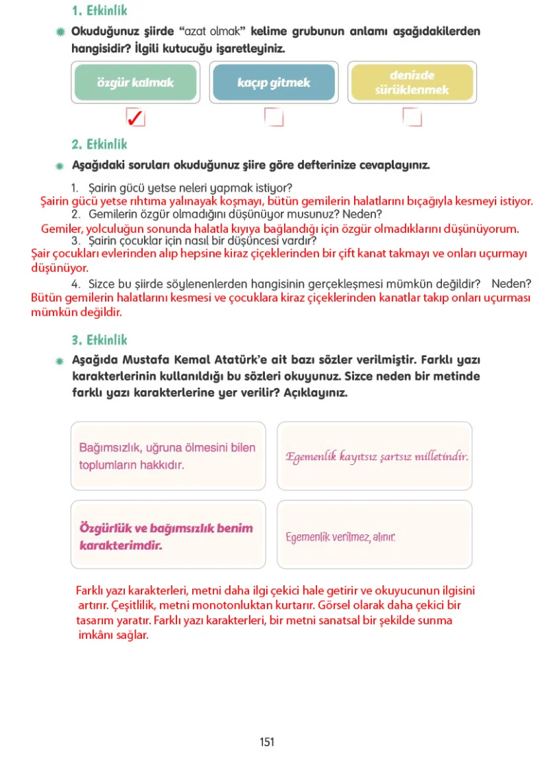 4. Sınıf Türkçe Ders Kitabı Cevapları Tuna Yayınları Sayfa 151 Çözüm Görseli