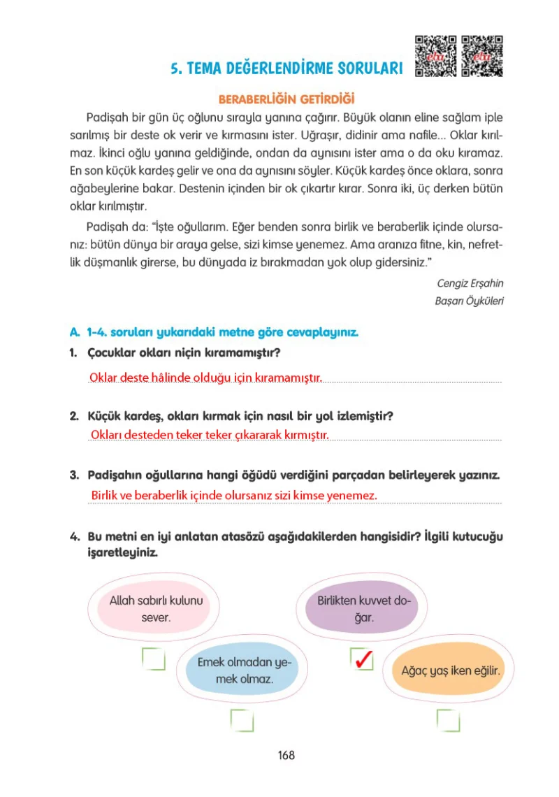 4. Sınıf Türkçe Ders Kitabı Cevapları Tuna Yayınları Sayfa 168 Çözüm Görseli