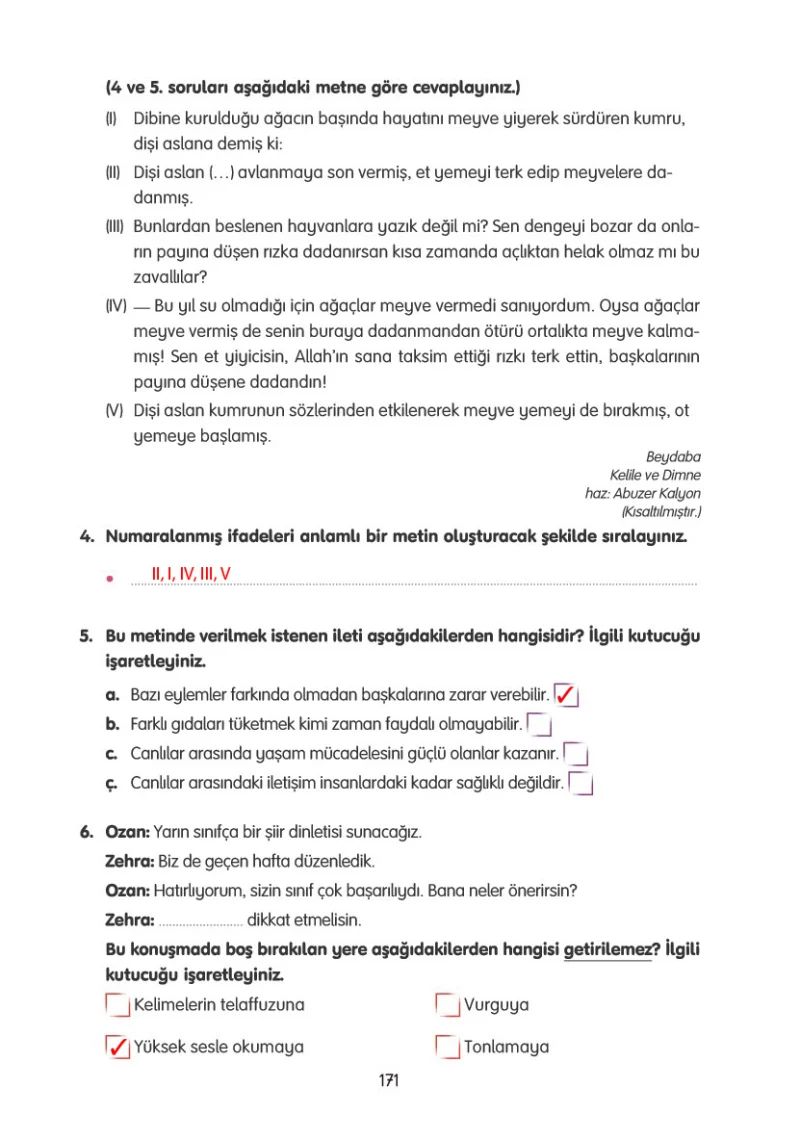 4. Sınıf Türkçe Ders Kitabı Cevapları Tuna Yayınları Sayfa 171 Çözüm Görseli