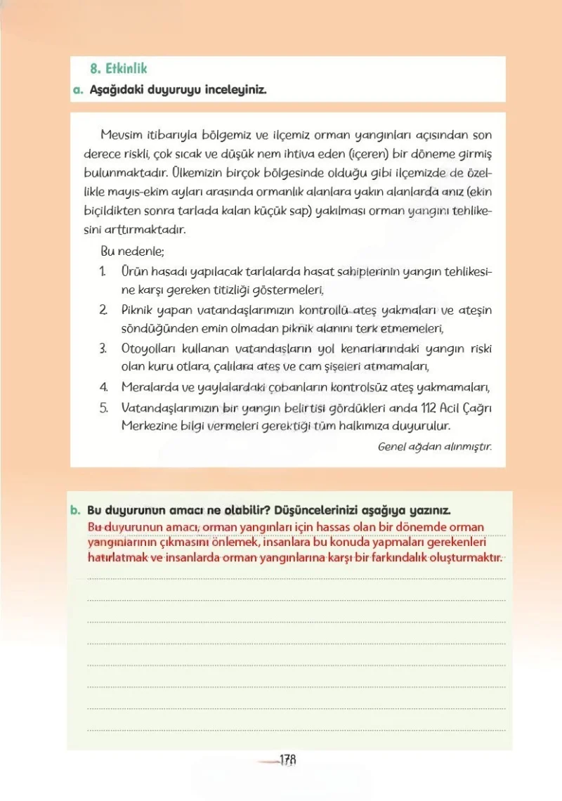 4. Sınıf Türkçe Ders Kitabı Cevapları Tuna Yayınları Sayfa 178 Çözüm Görseli