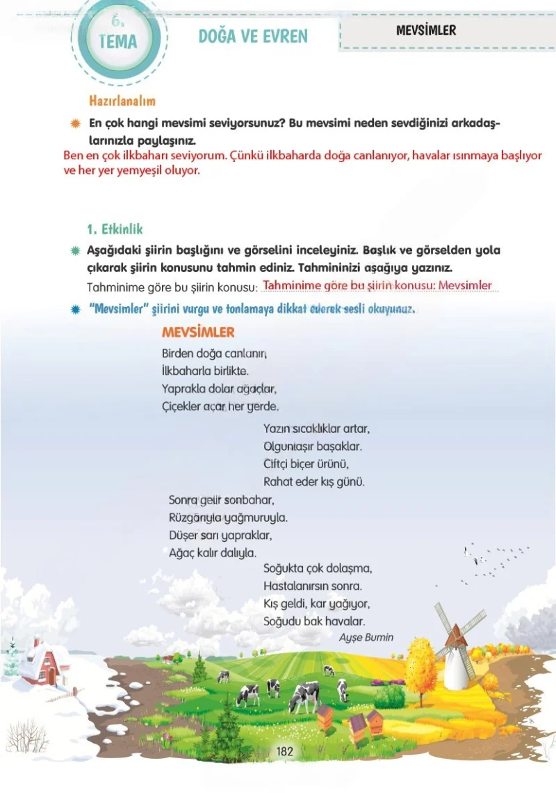 4. Sınıf Türkçe Ders Kitabı Cevapları Tuna Yayınları Sayfa 182 Çözüm Görseli