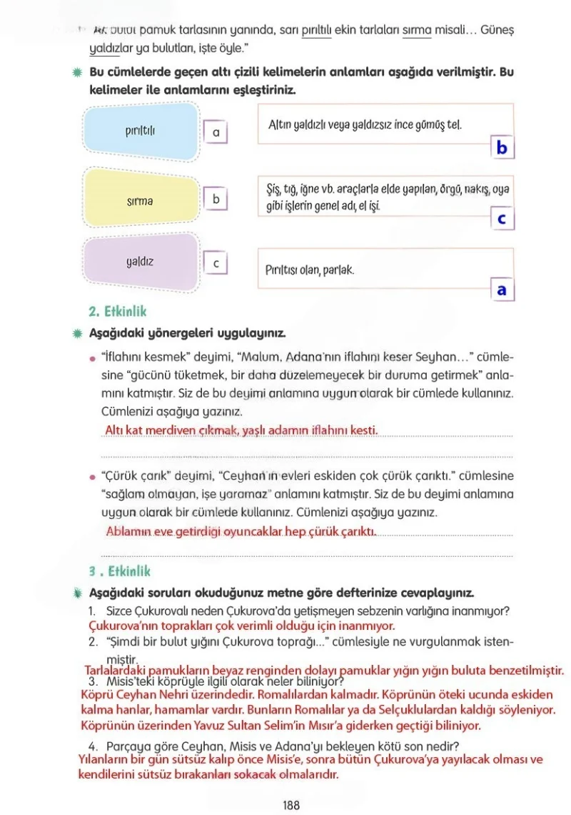 4. Sınıf Türkçe Ders Kitabı Cevapları Tuna Yayınları Sayfa 188 Çözüm Görseli