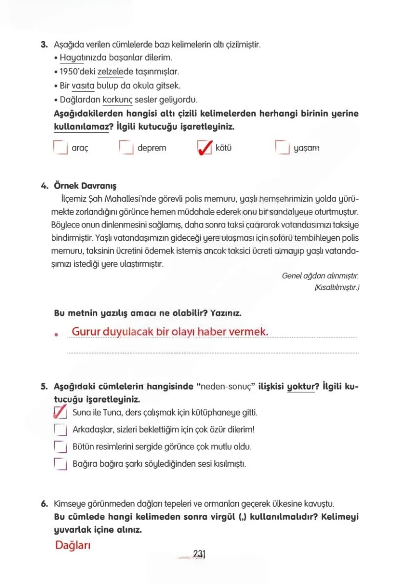 4. Sınıf Türkçe Ders Kitabı Cevapları Tuna Yayınları Sayfa 231 Çözüm Görseli