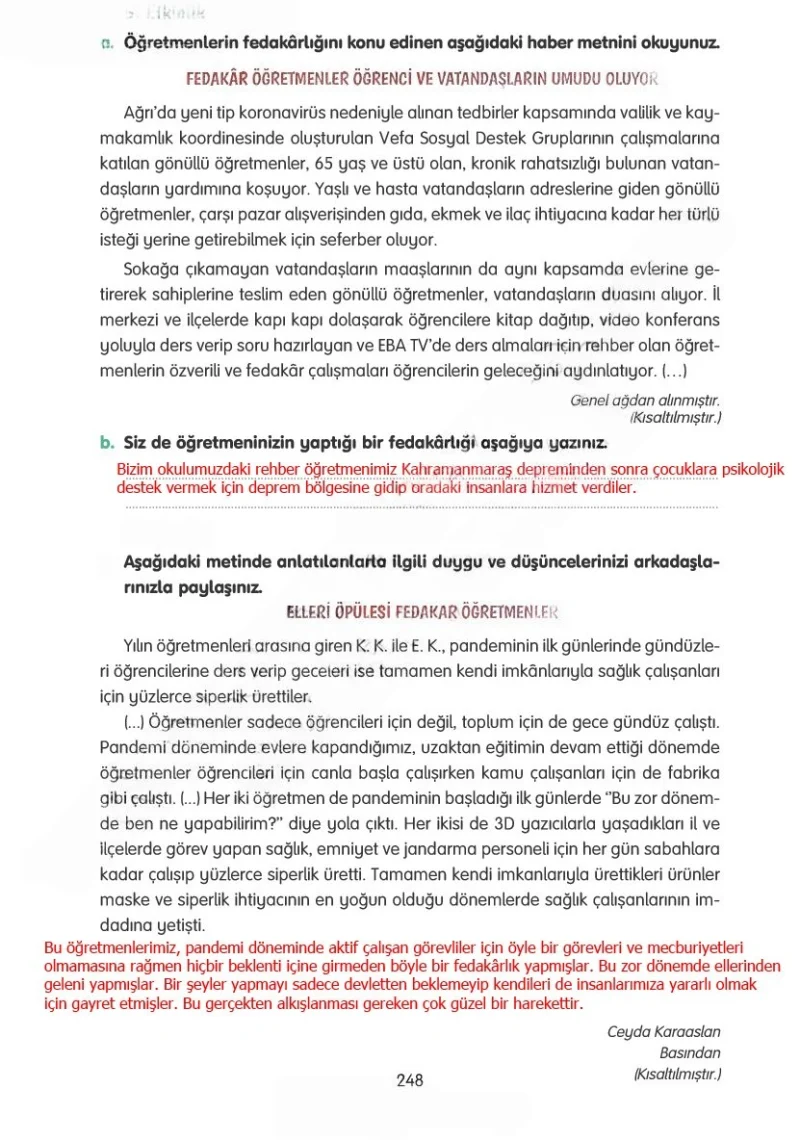 4. Sınıf Türkçe Ders Kitabı Cevapları Tuna Yayınları Sayfa 248 Çözüm Görseli