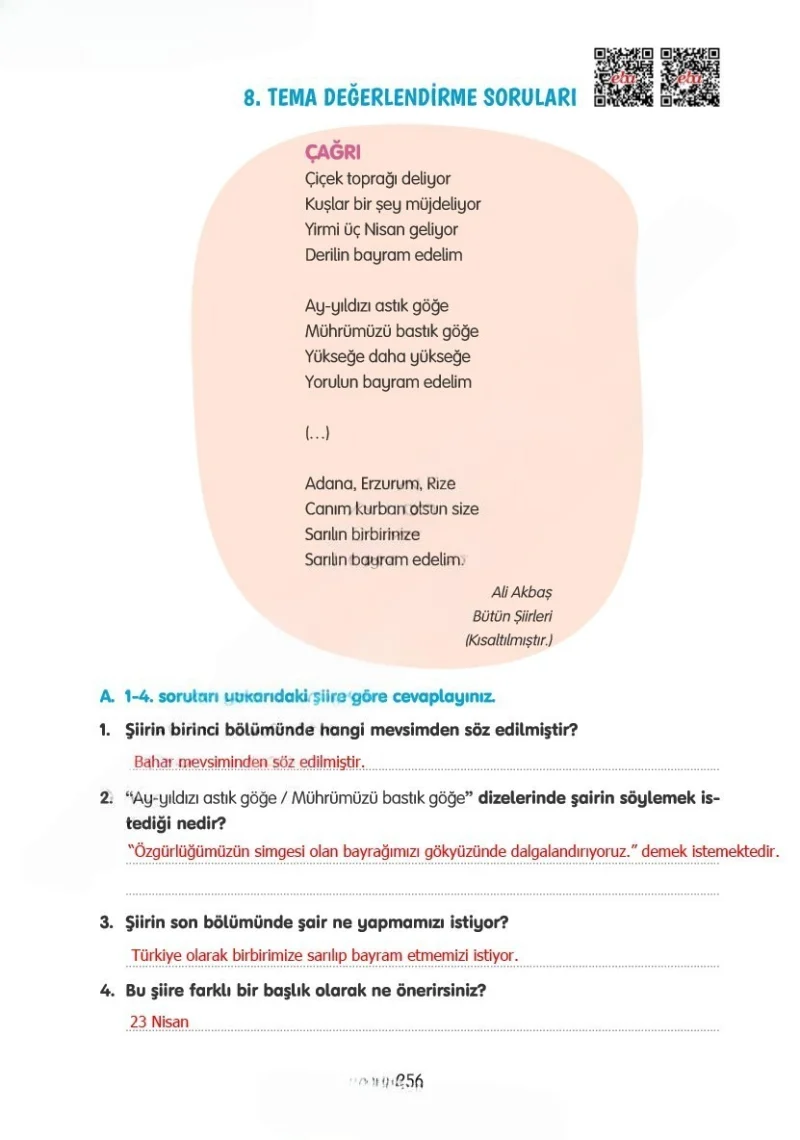 4. Sınıf Türkçe Ders Kitabı Cevapları Tuna Yayınları Sayfa 256 Çözüm Görseli