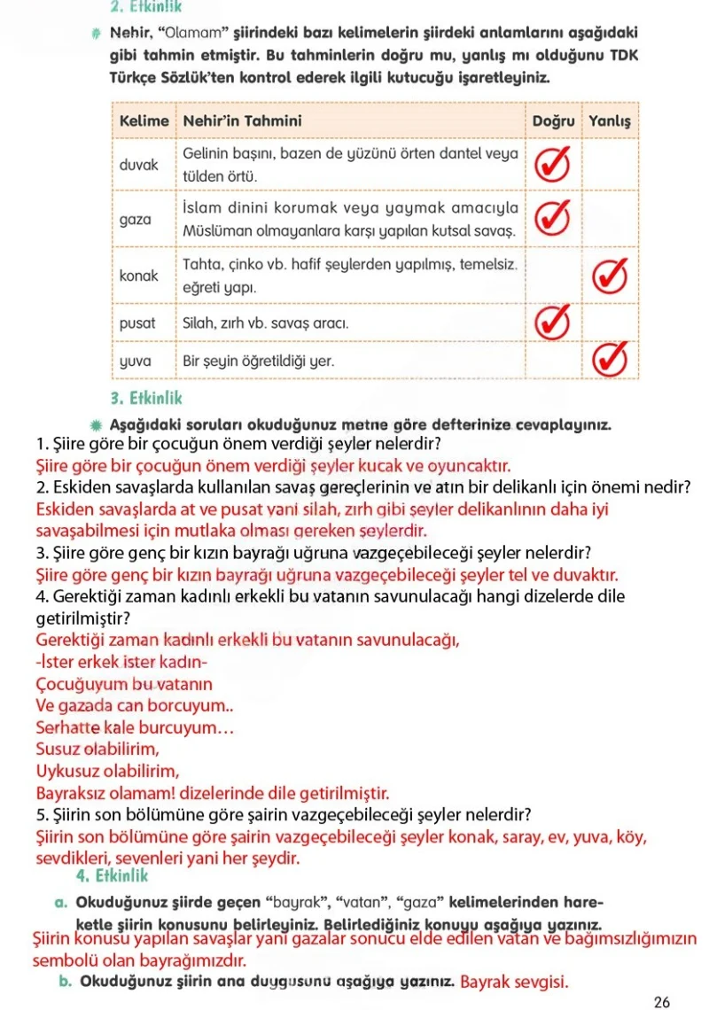 4. Sınıf Türkçe Ders Kitabı Cevapları Tuna Yayınları Sayfa 26 Çözüm Görseli