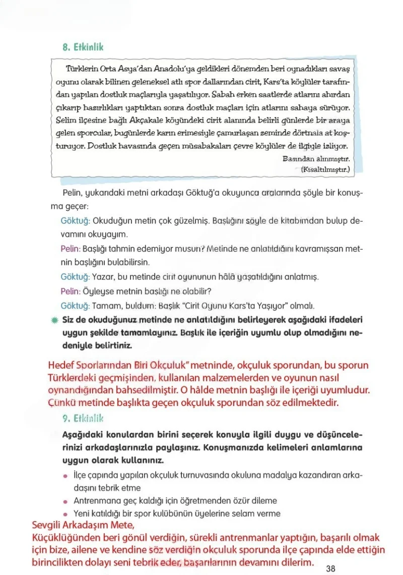 4. Sınıf Türkçe Ders Kitabı Cevapları Tuna Yayınları Sayfa 38 Çözüm Görseli