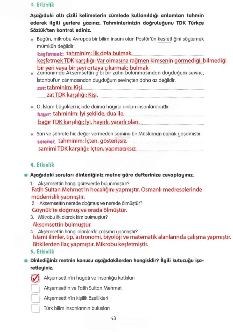 4. Sınıf Türkçe Ders Kitabı Cevapları Tuna Yayınları Sayfa 43 Çözüm Görseli