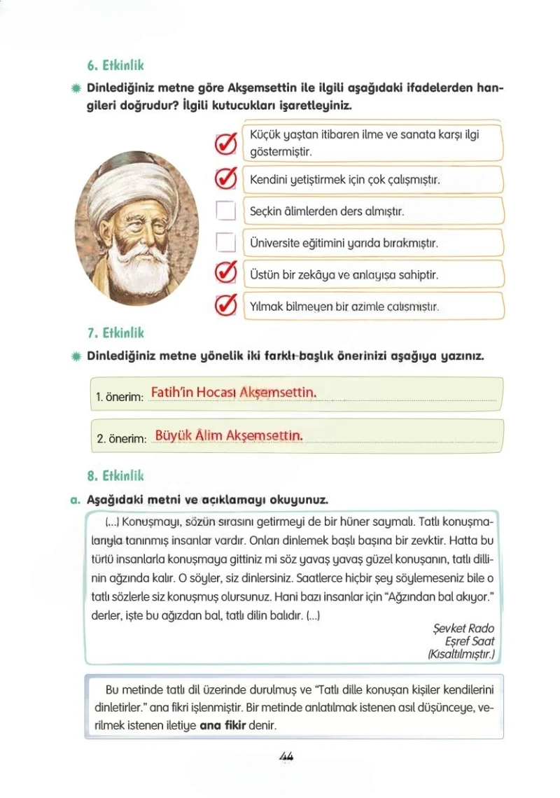 4. Sınıf Türkçe Ders Kitabı Cevapları Tuna Yayınları Sayfa 44 Çözüm Görseli