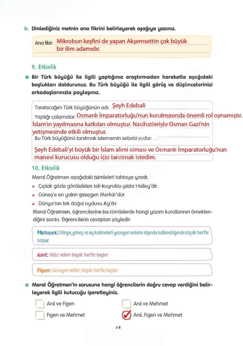 4. Sınıf Türkçe Ders Kitabı Cevapları Tuna Yayınları Sayfa 45 Çözüm Görseli