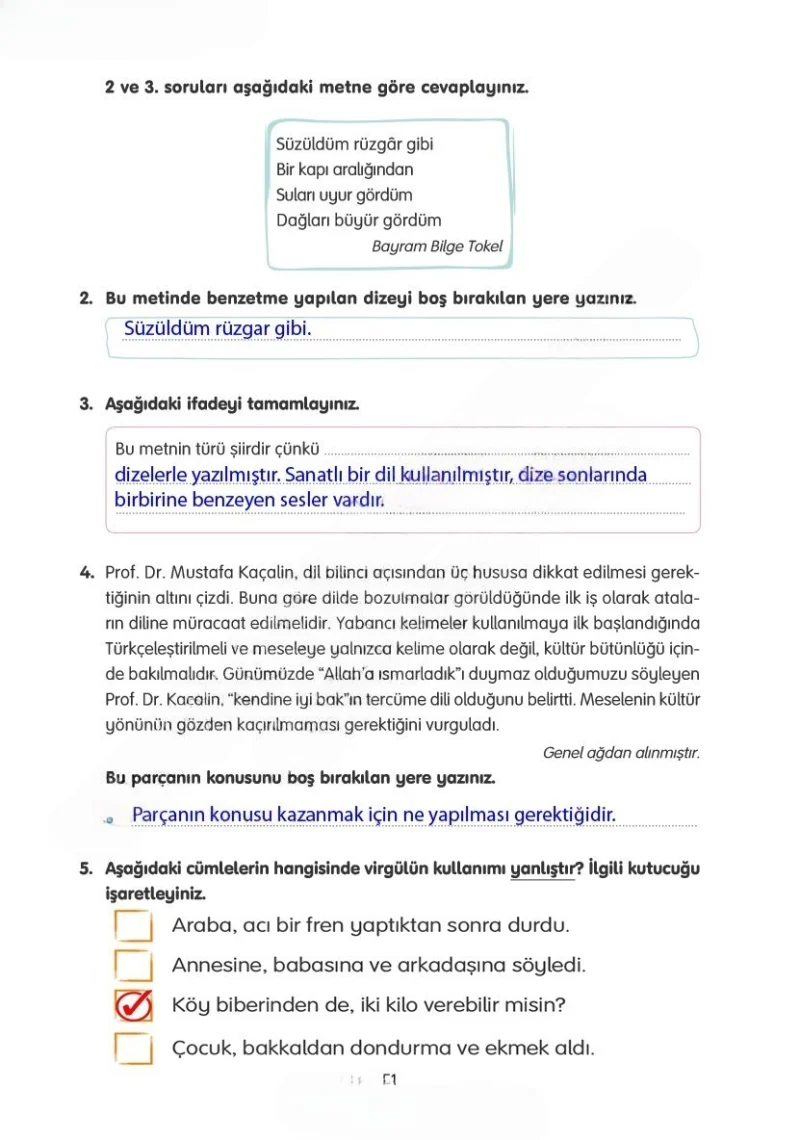 4. Sınıf Türkçe Ders Kitabı Cevapları Tuna Yayınları Sayfa 51 Çözüm Görseli