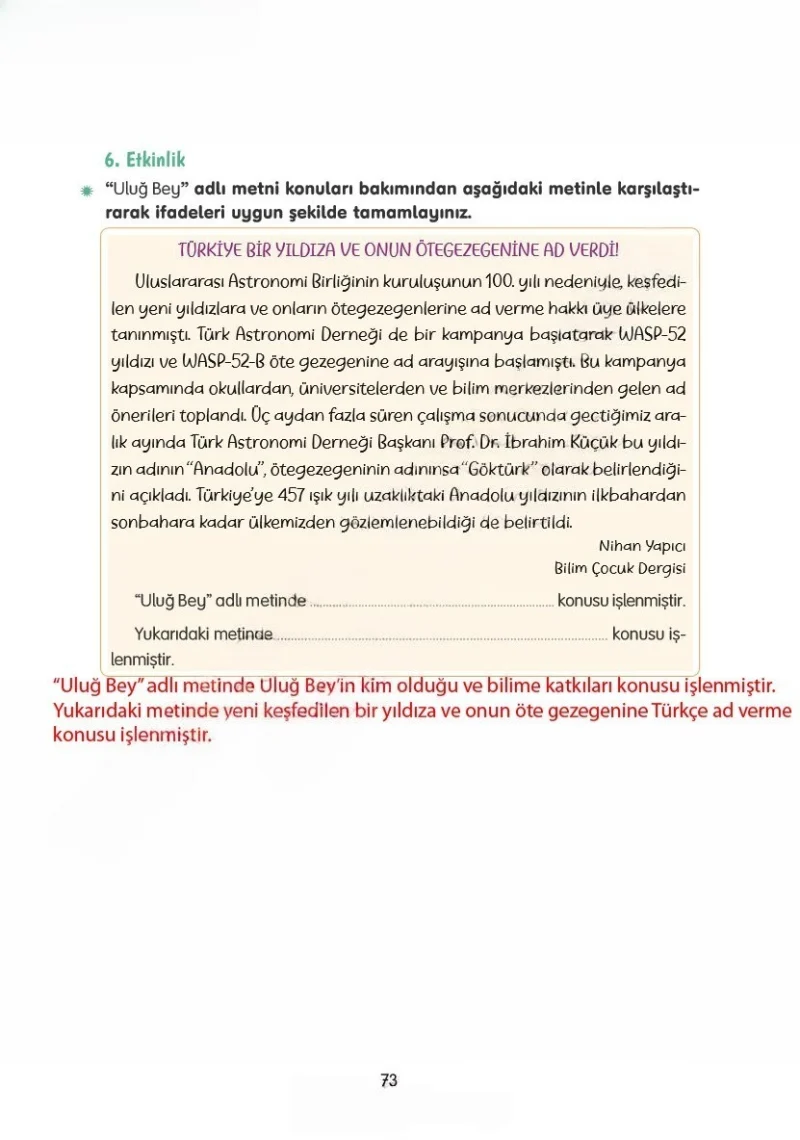 4. Sınıf Türkçe Ders Kitabı Cevapları Tuna Yayınları Sayfa 73 Çözüm Görseli