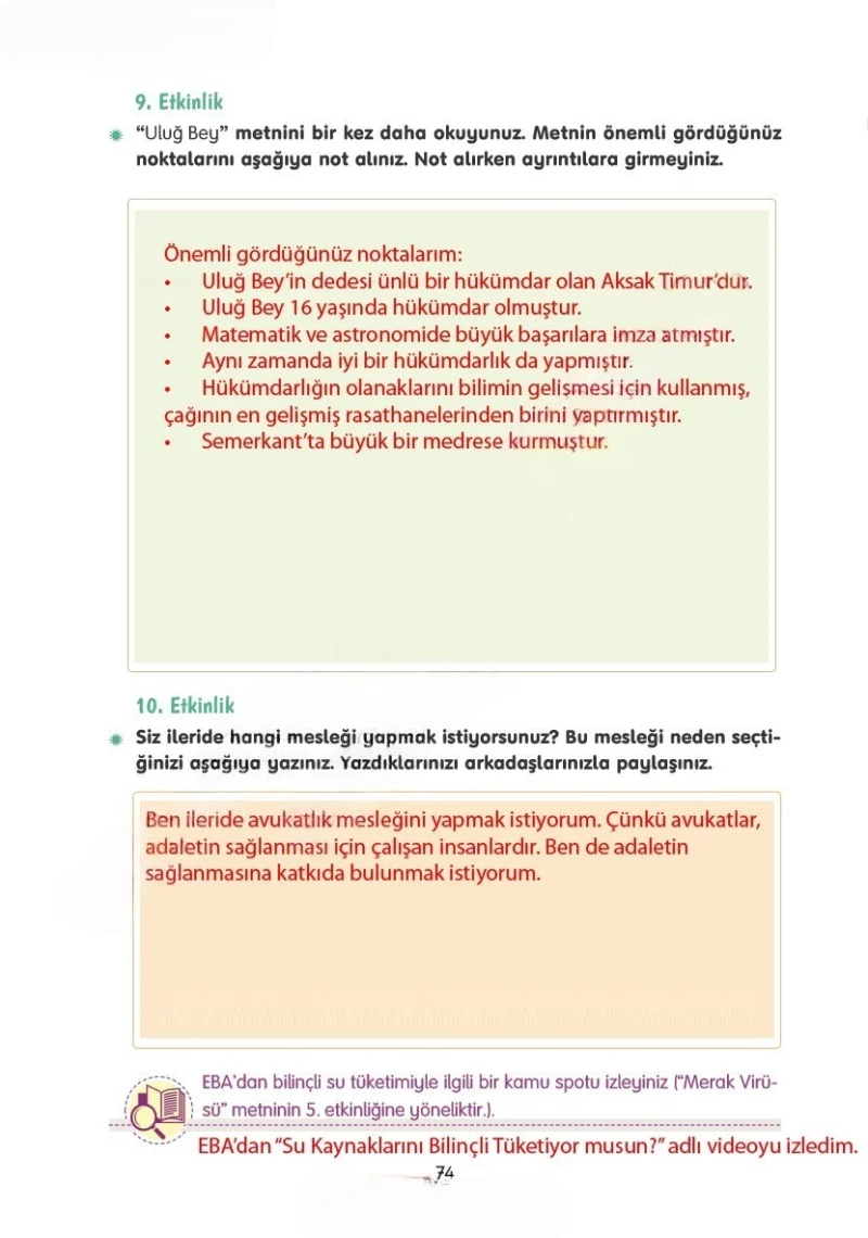 4. Sınıf Türkçe Ders Kitabı Cevapları Tuna Yayınları Sayfa 74 Çözüm Görseli