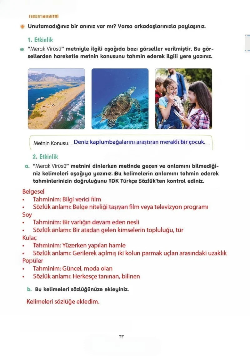 4. Sınıf Türkçe Ders Kitabı Cevapları Tuna Yayınları Sayfa 75 Çözüm Görseli