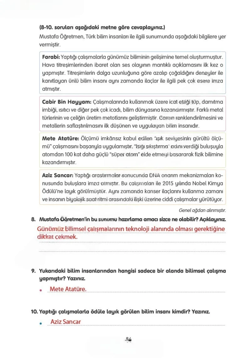4. Sınıf Türkçe Ders Kitabı Cevapları Tuna Yayınları Sayfa 84 Çözüm Görseli