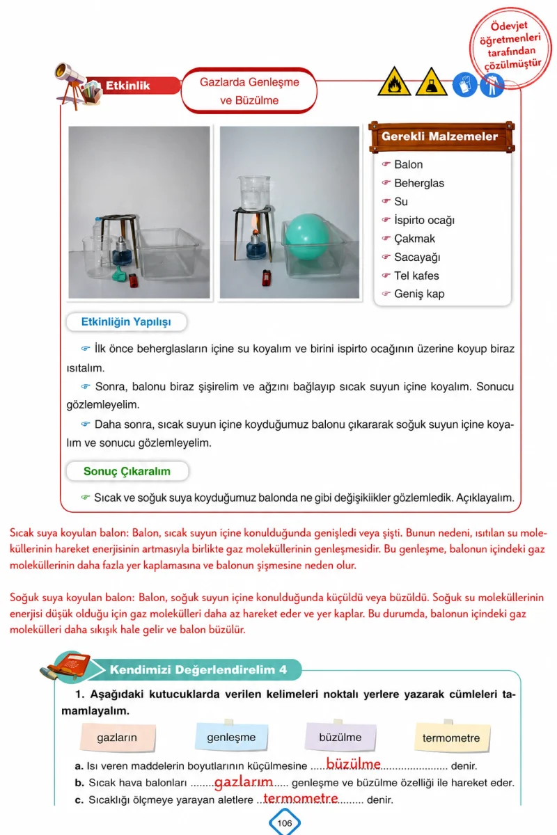 5. Sınıf Fen Bilimleri Ders Kitabı Cevapları SDR Dİkey Yayınları Sayfa 106 Çözüm Görseli