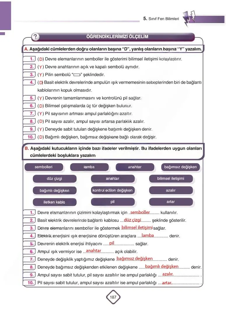 5. Sınıf Fen Bilimleri Ders Kitabı Cevapları SDR Dİkey Yayınları Sayfa 187 Çözüm Görseli