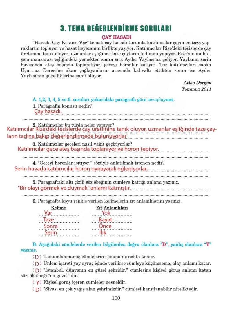 5. Sınıf Türkçe Ders Kitabı Cevapları Anıttepe Yayınları Sayfa 100 Çözüm Görseli