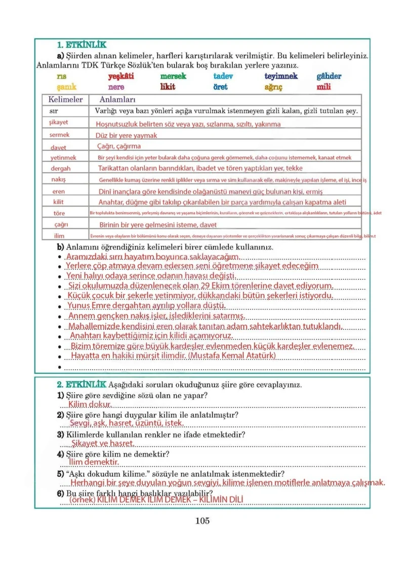 5. Sınıf Türkçe Ders Kitabı Cevapları Anıttepe Yayınları Sayfa 105 Çözüm Görseli