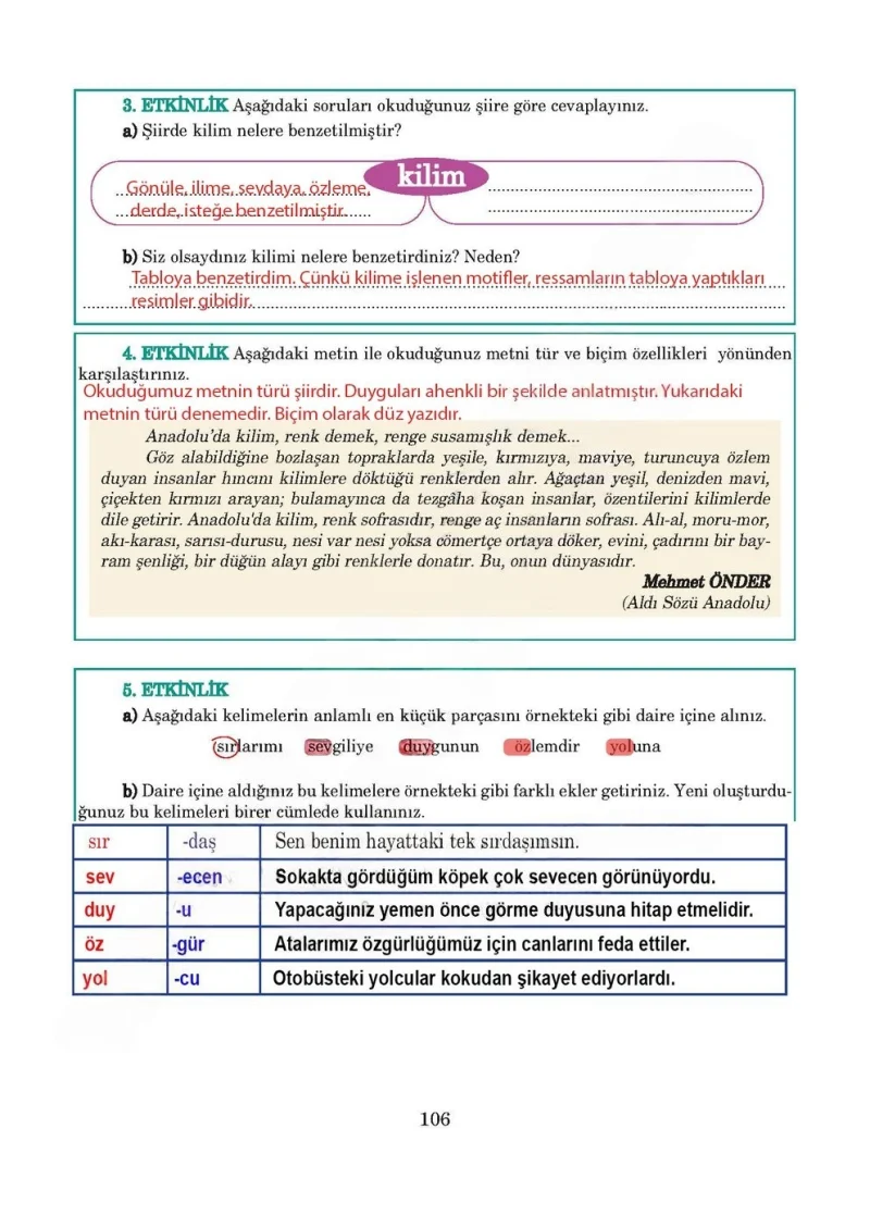 5. Sınıf Türkçe Ders Kitabı Cevapları Anıttepe Yayınları Sayfa 106 Çözüm Görseli