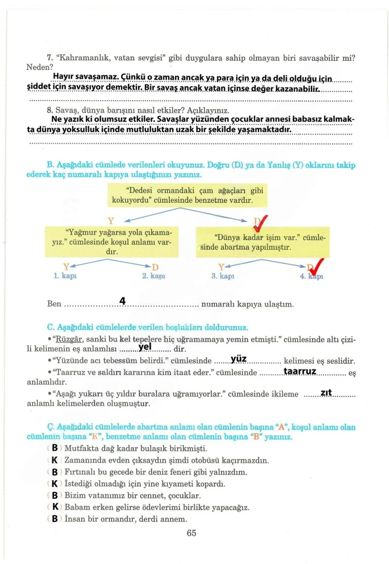 5. Sınıf Türkçe Ders Kitabı Cevapları Anıttepe Yayınları Sayfa 65 Çözüm Görseli
