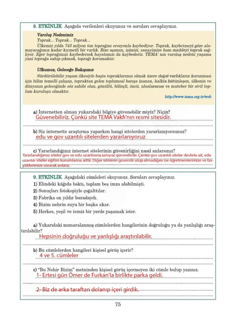 5. Sınıf Türkçe Ders Kitabı Cevapları Anıttepe Yayınları Sayfa 75 Çözüm Görseli