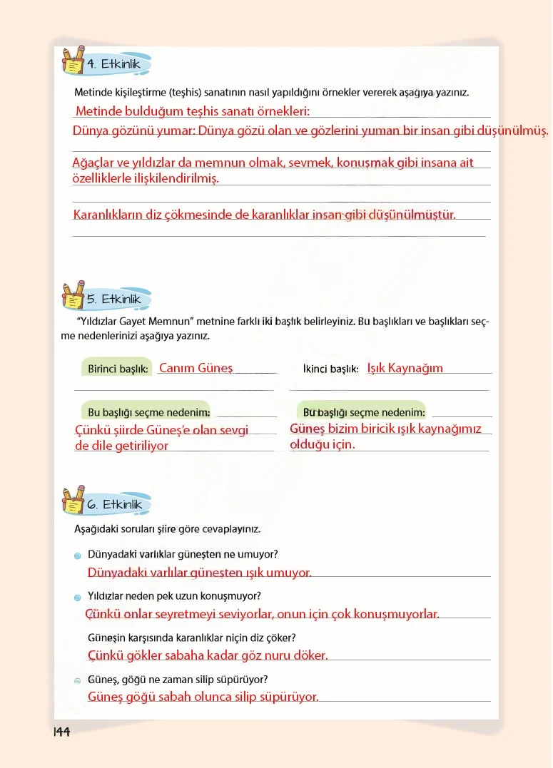 5. Sınıf Türkçe Ders Kitabı Cevapları Koza Yayınları Sayfa 144 Çözüm Görseli