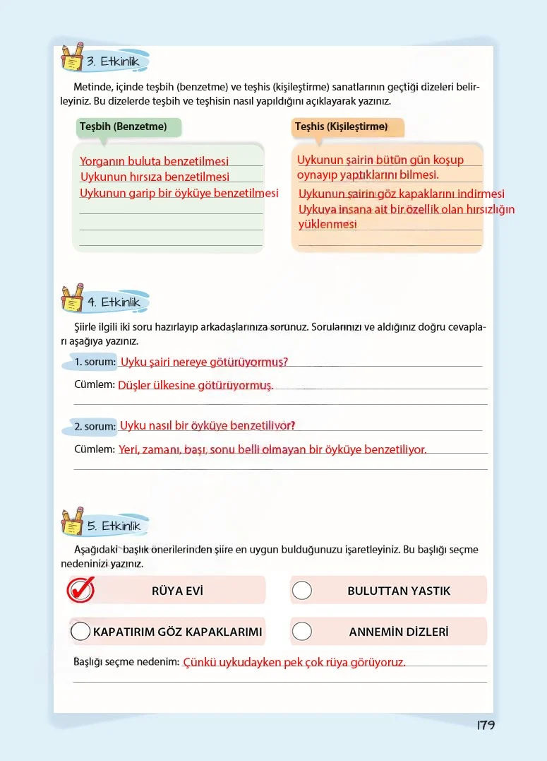 5. Sınıf Türkçe Ders Kitabı Cevapları Koza Yayınları Sayfa 179 Çözüm Görseli