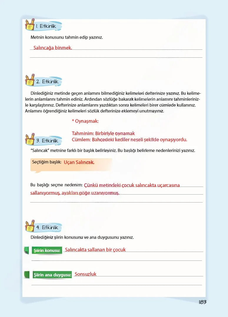 5. Sınıf Türkçe Ders Kitabı Cevapları Koza Yayınları Sayfa 183 Çözüm Görseli