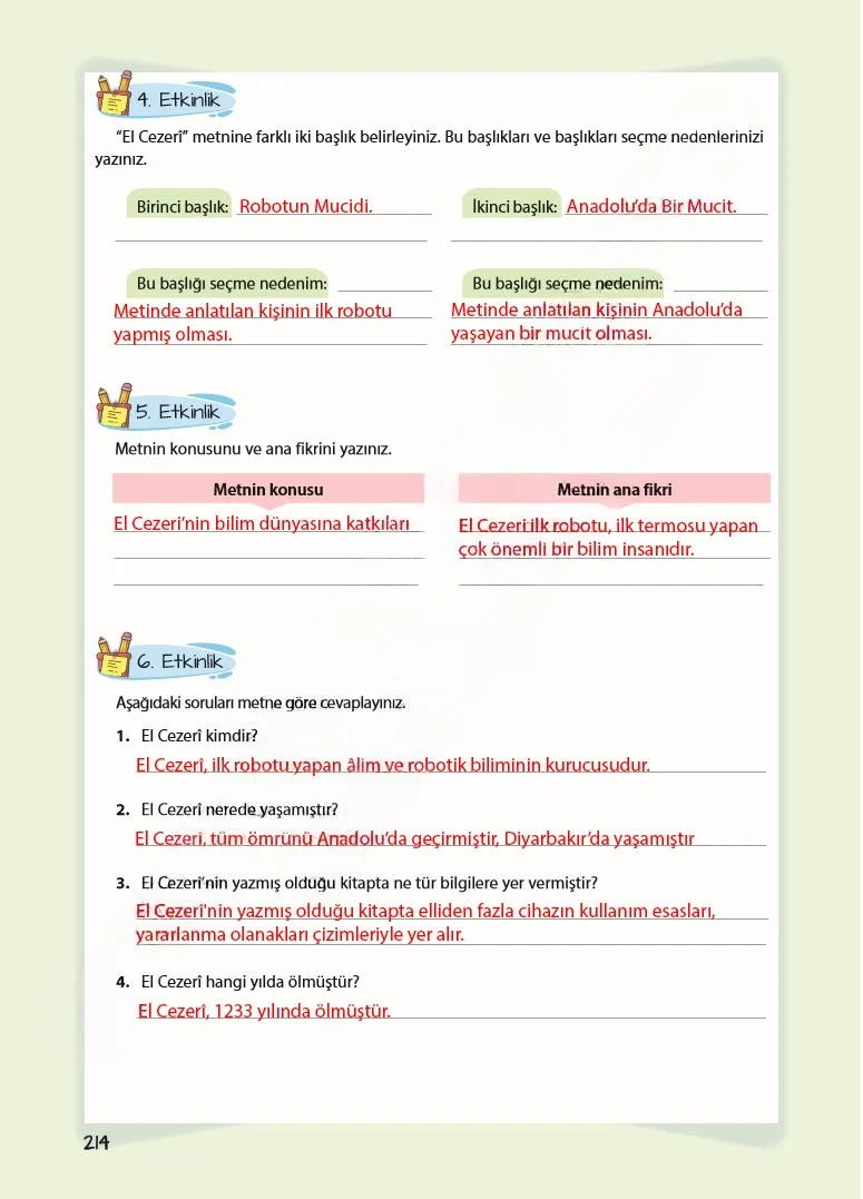 5. Sınıf Türkçe Ders Kitabı Cevapları Koza Yayınları Sayfa 214 Çözüm Görseli